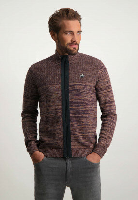 Fine-knit-cardigan-with-patent-stitch-detail---brick/charcoal